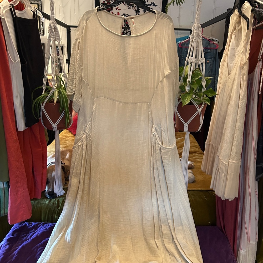 Free People Cream Long Sleeve Gown with Flutter Sleeves